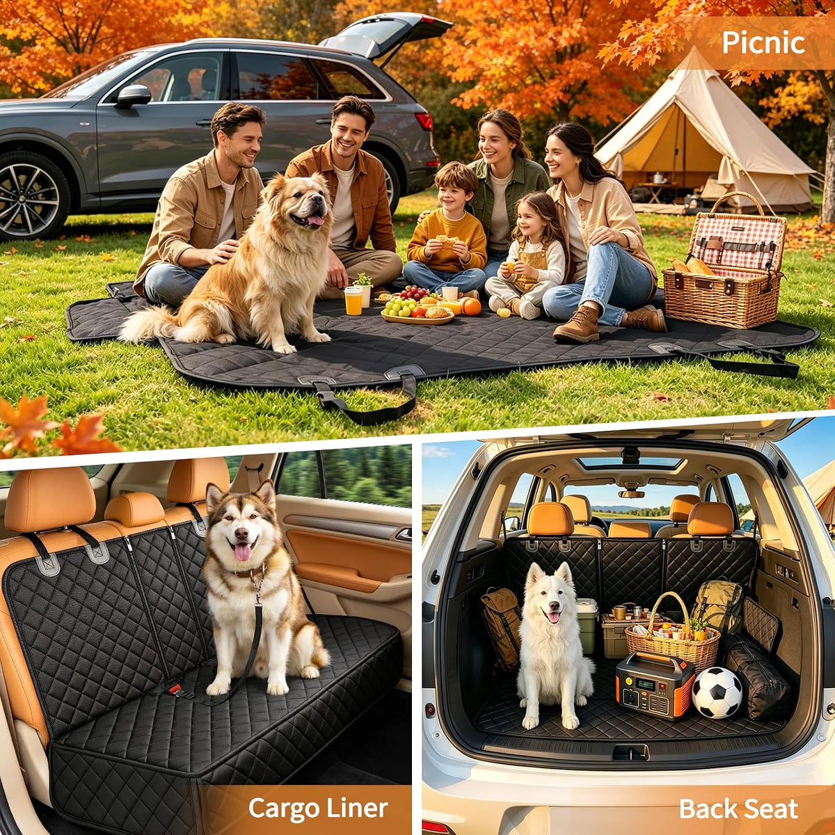 Dog Car Seat Cover for Back Seat Pet Seat Cover (55” Width) - Black