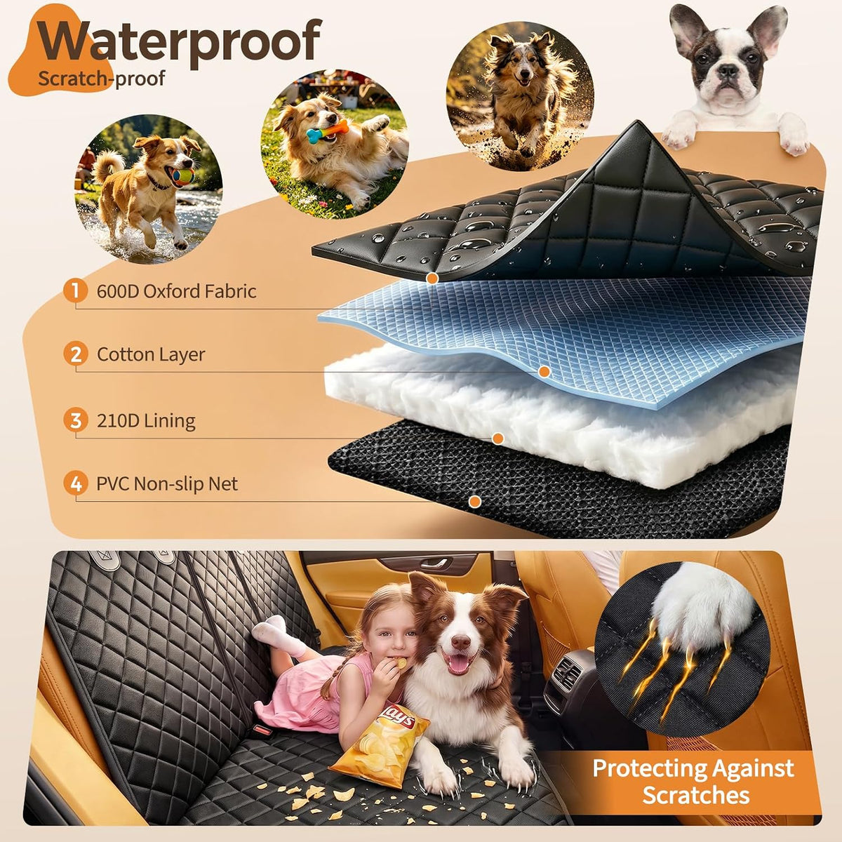 Dog Car Seat Cover for Back Seat Pet Seat Cover (55” Width) - Black