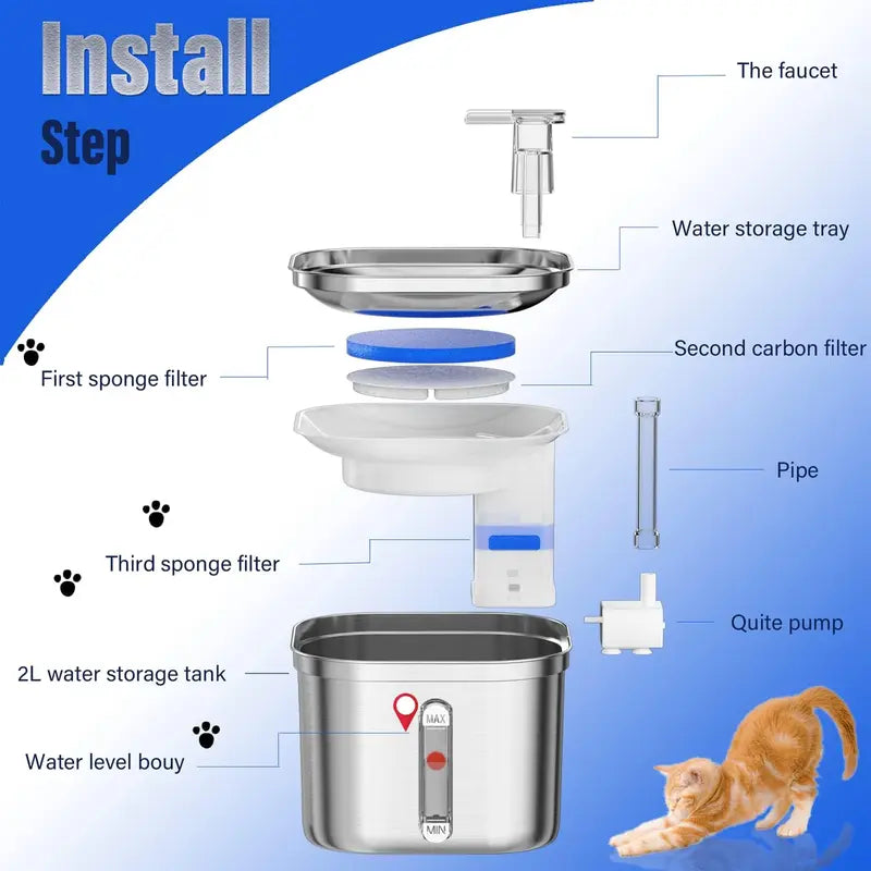 2.2L Automatic Pet Water Fountain and Stainless Steel Dog and Cat Water Dispenser